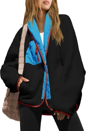Nirovien Womens Fuzzy Fleece Jacket Colorblock Sherpa Coats Shawl Collar Button Down Warm Outwear with Pockets