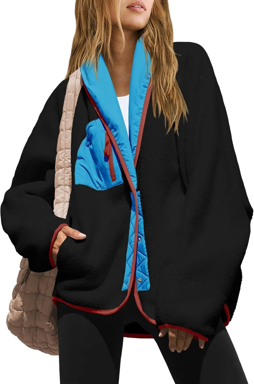 Nirovien Womens Fuzzy Fleece Jacket Colorblock Sherpa Coats Shawl Collar Button Down Warm Outwear with Pockets