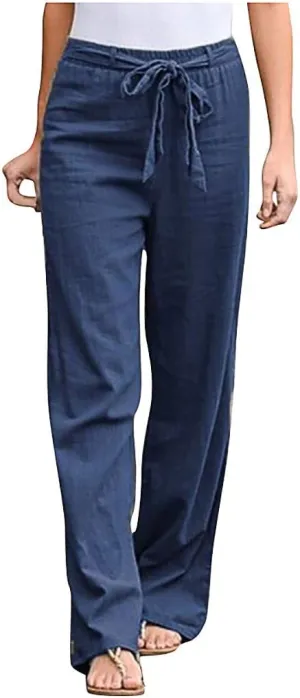 niuwa Women Cotton Linen Trousers Summer Solid Color Wide Leg Pants Elastic Waist Loose Lounge Pants Sweatpants