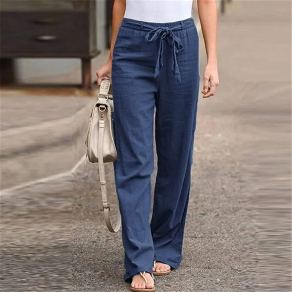 niuwa Women Cotton Linen Trousers Summer Solid Color Wide Leg Pants Elastic Waist Loose Lounge Pants Sweatpants