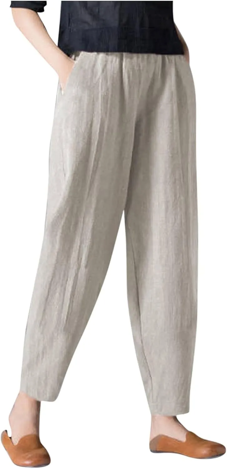 niuwa Womens Cotton and Linen Harem Pants Casual Loose Trousers with Pockets Summer Elastic Waist Boho Pants (Beige, XXL)