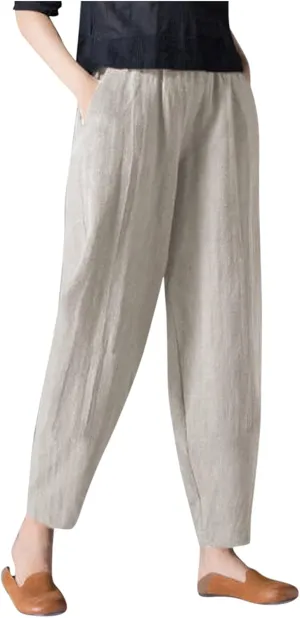 niuwa Womens Cotton and Linen Harem Pants Casual Loose Trousers with Pockets Summer Elastic Waist Boho Pants (Beige, XXL)