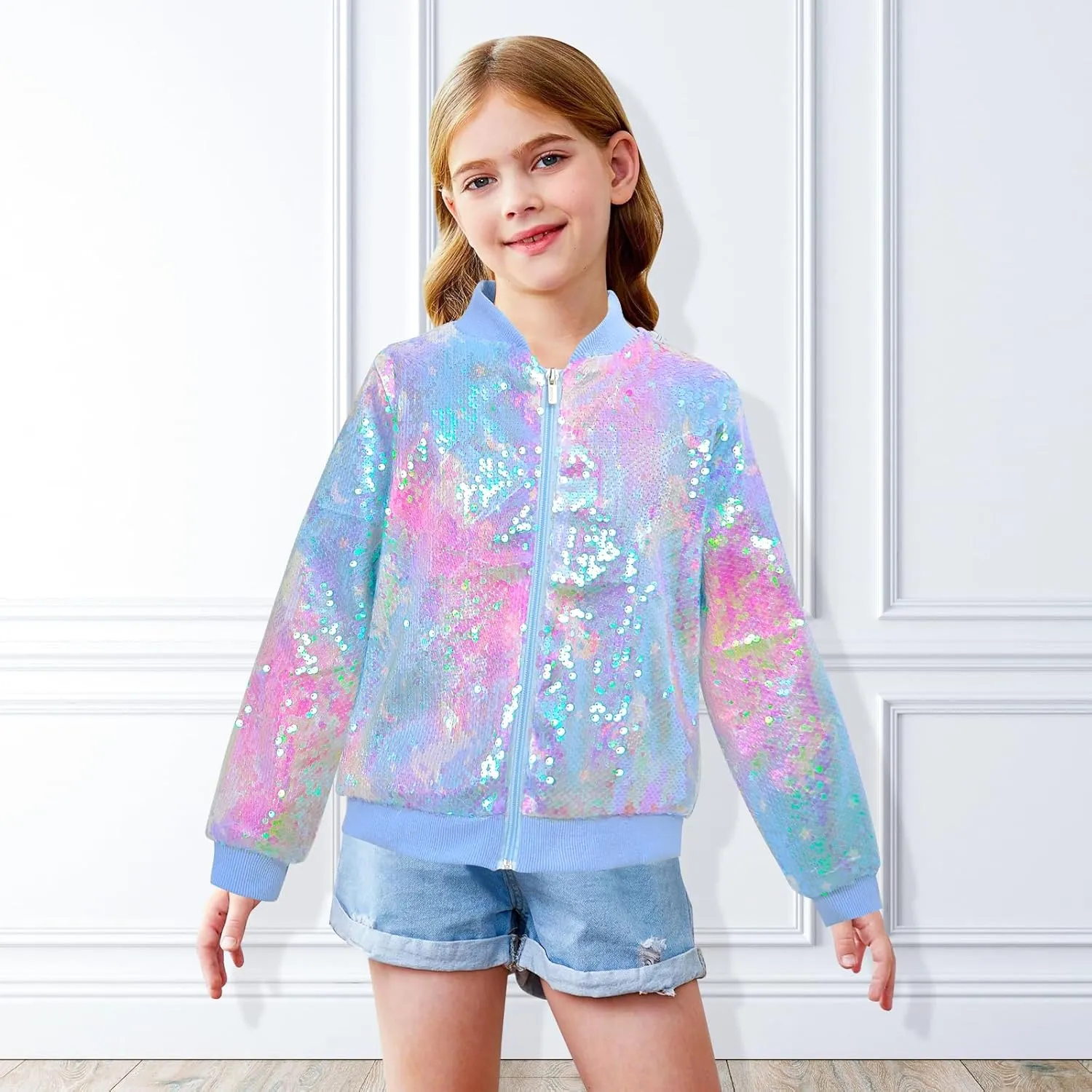 OlyPegic Girls Sequin Jackets Kids Bomber Jacket with Pockets Sparkle Outwear Glitter Zipper Coat Long Sleeve Birthday