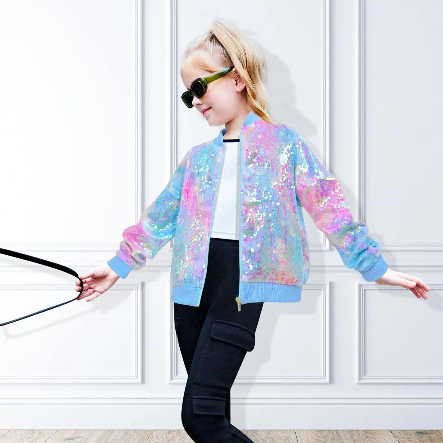 OlyPegic Girls Sequin Jackets Kids Bomber Jacket with Pockets Sparkle Outwear Glitter Zipper Coat Long Sleeve Birthday
