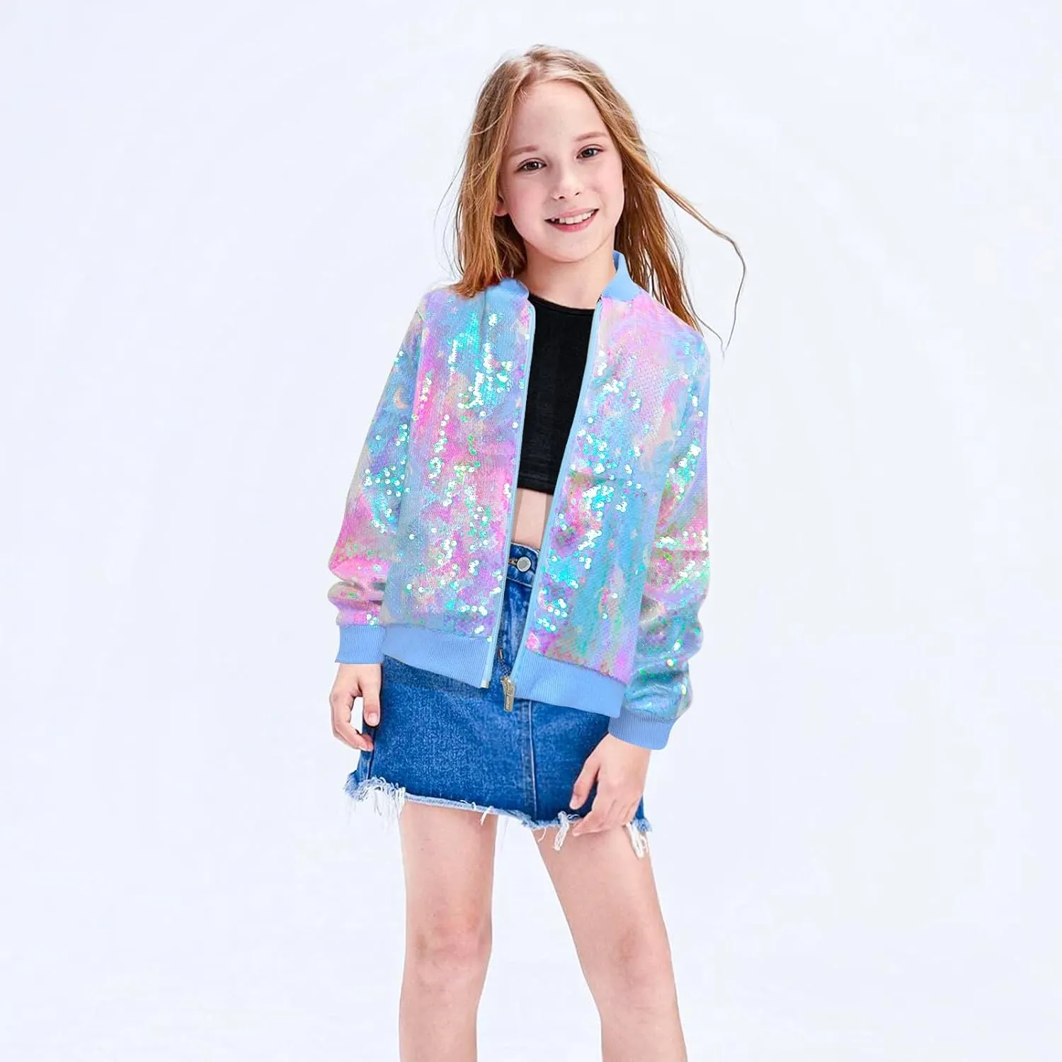 OlyPegic Girls Sequin Jackets Kids Bomber Jacket with Pockets Sparkle Outwear Glitter Zipper Coat Long Sleeve Birthday