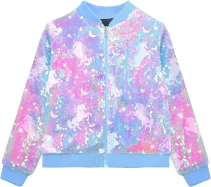 OlyPegic Girls Sequin Jackets Kids Bomber Jacket with Pockets Sparkle Outwear Glitter Zipper Coat Long Sleeve Birthday