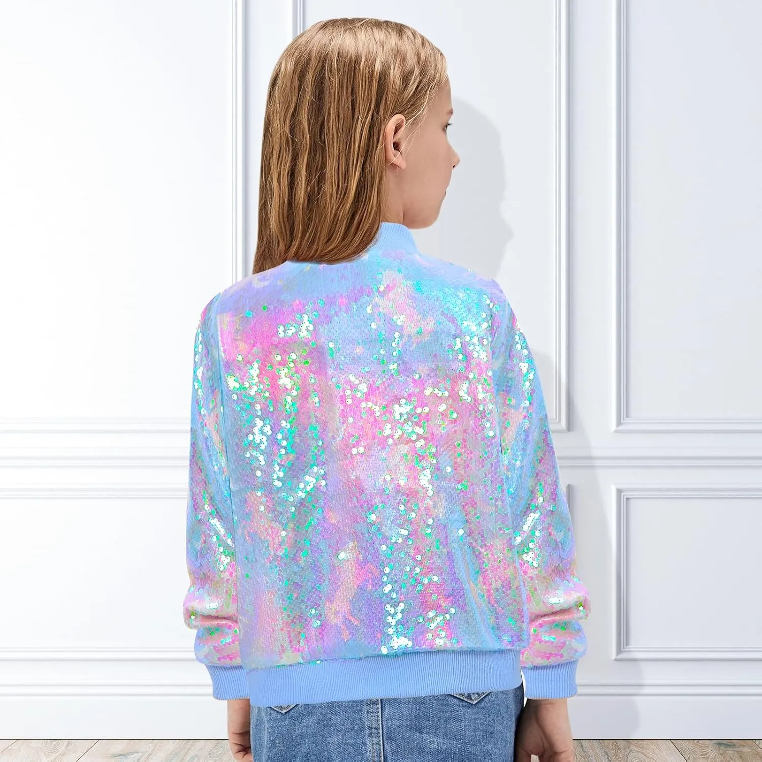 OlyPegic Girls Sequin Jackets Kids Bomber Jacket with Pockets Sparkle Outwear Glitter Zipper Coat Long Sleeve Birthday