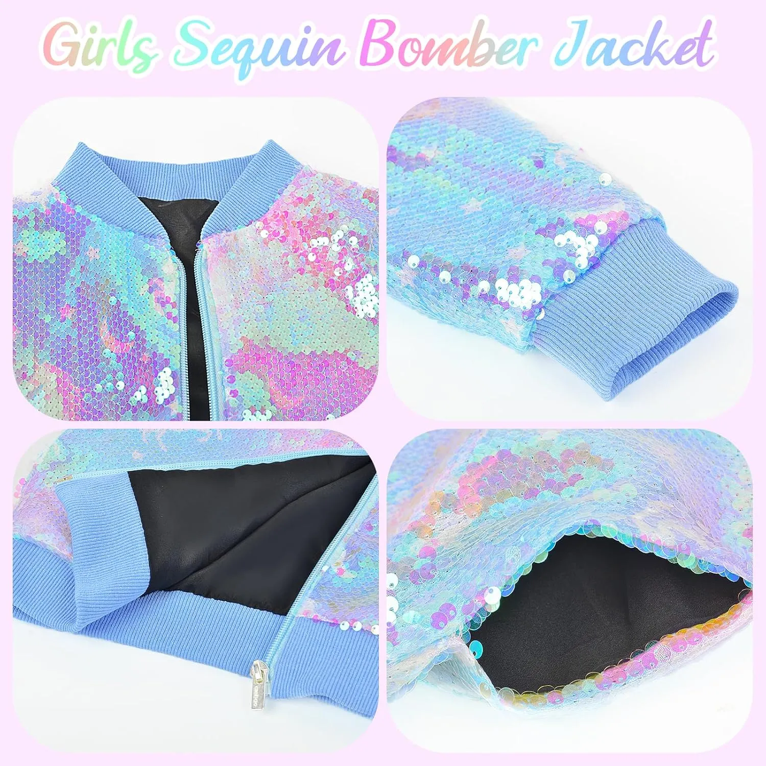 OlyPegic Girls Sequin Jackets Kids Bomber Jacket with Pockets Sparkle Outwear Glitter Zipper Coat Long Sleeve Birthday