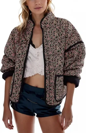 Omoone Women's Cropped Quilted Jacket Floral Printed LightWeight Padded Puffer Cardigan Coat Outwear