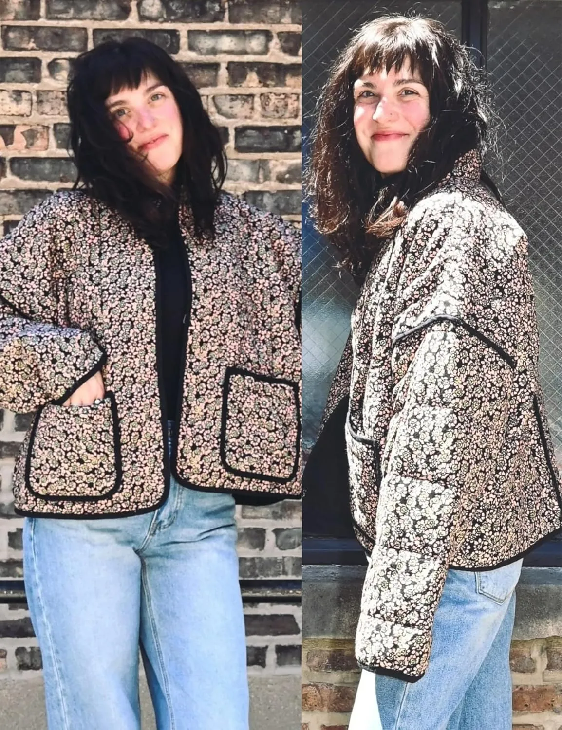 Omoone Women's Cropped Quilted Jacket Floral Printed LightWeight Padded Puffer Cardigan Coat Outwear