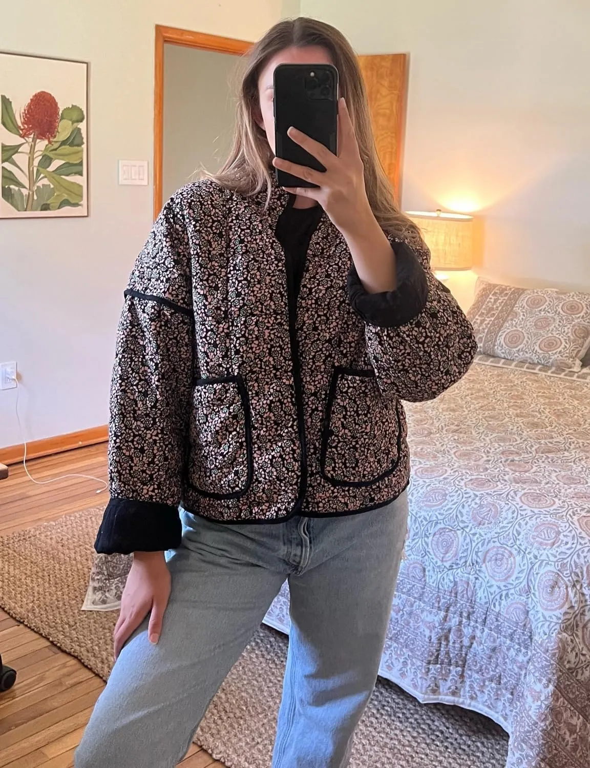 Omoone Women's Cropped Quilted Jacket Floral Printed LightWeight Padded Puffer Cardigan Coat Outwear