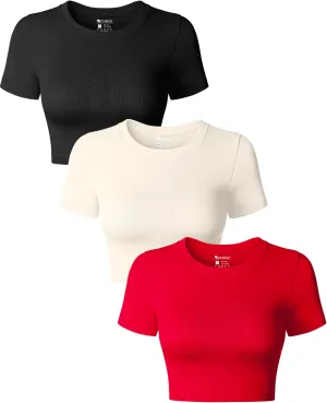 OQQ Women's 3 Piece Crop Tops Crew Neck Shorts Sleeve Stretch Fitted Shirts Crop Tops