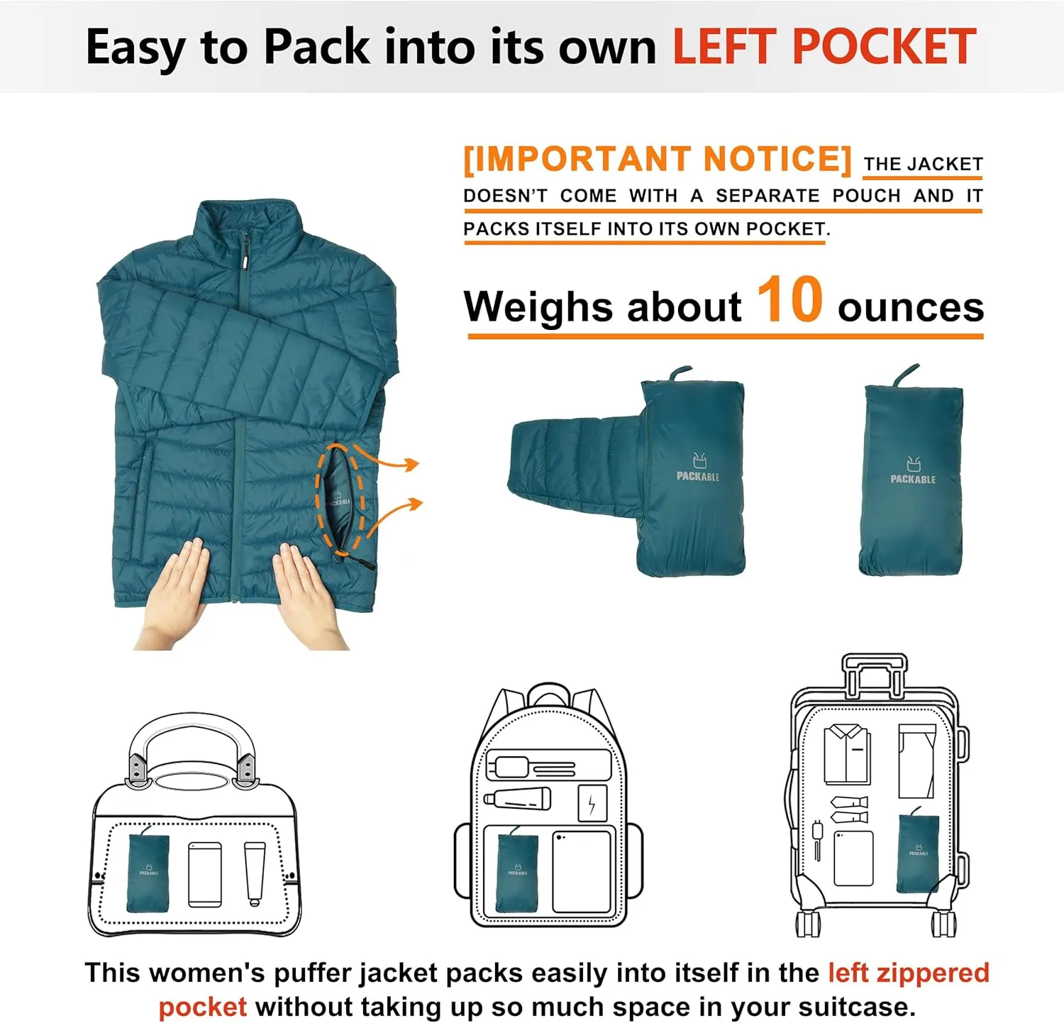 Outdoor Ventures Women's Packable Full-Zip Short Puffer Jacket Insulated Quilted Warm Lightweight Winter Coat