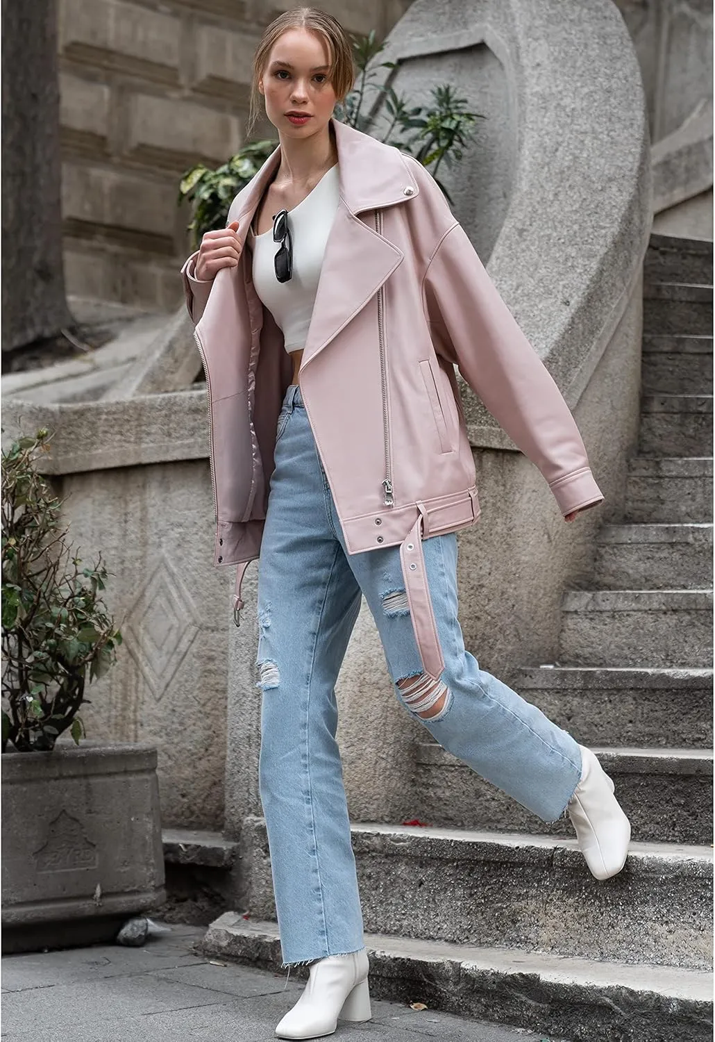 Oversized Leather Jacket Women - Real Lambskin Women's Leather Jacket Plus Size Long Leather Motorcycle Jacket