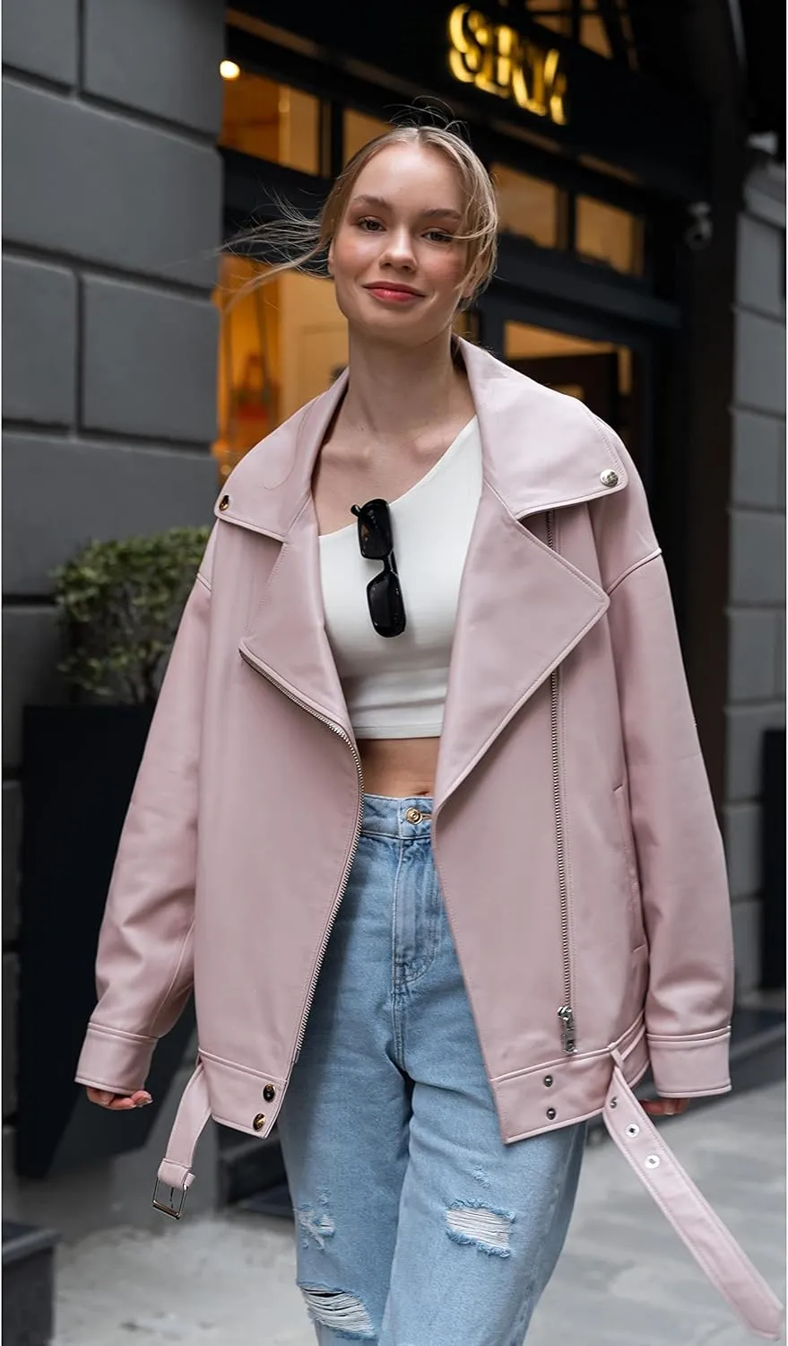 Oversized Leather Jacket Women - Real Lambskin Women's Leather Jacket Plus Size Long Leather Motorcycle Jacket
