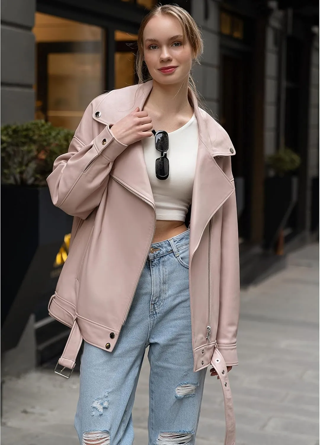 Oversized Leather Jacket Women - Real Lambskin Women's Leather Jacket Plus Size Long Leather Motorcycle Jacket