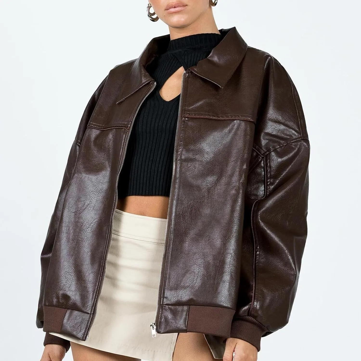 Owl's-Yard Women Leather Biker Jacket Long Sleeves Zip Up Motorcycle Jacket PU Moto Varsity Bomber Jackets Streetwear