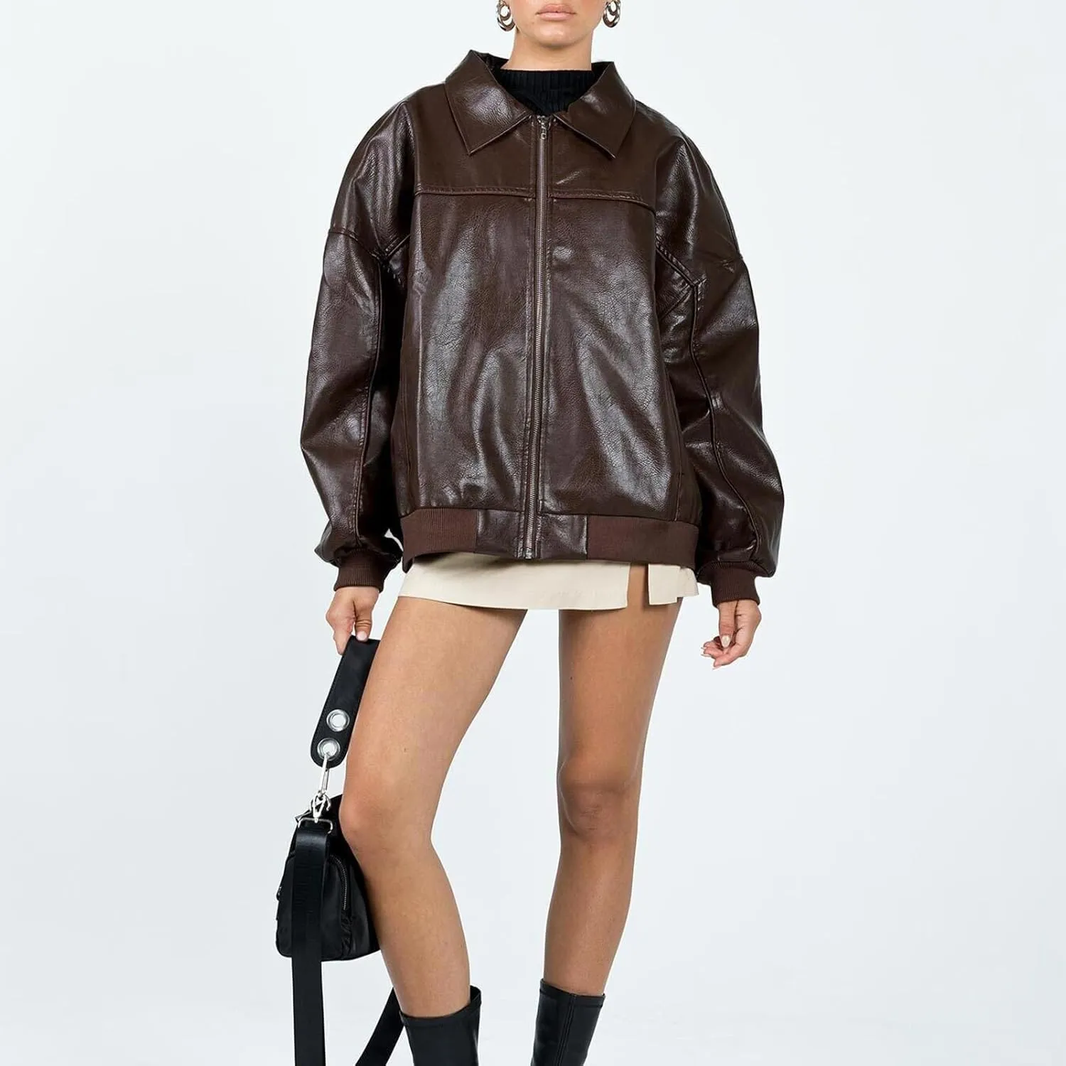 Owl's-Yard Women Leather Biker Jacket Long Sleeves Zip Up Motorcycle Jacket PU Moto Varsity Bomber Jackets Streetwear