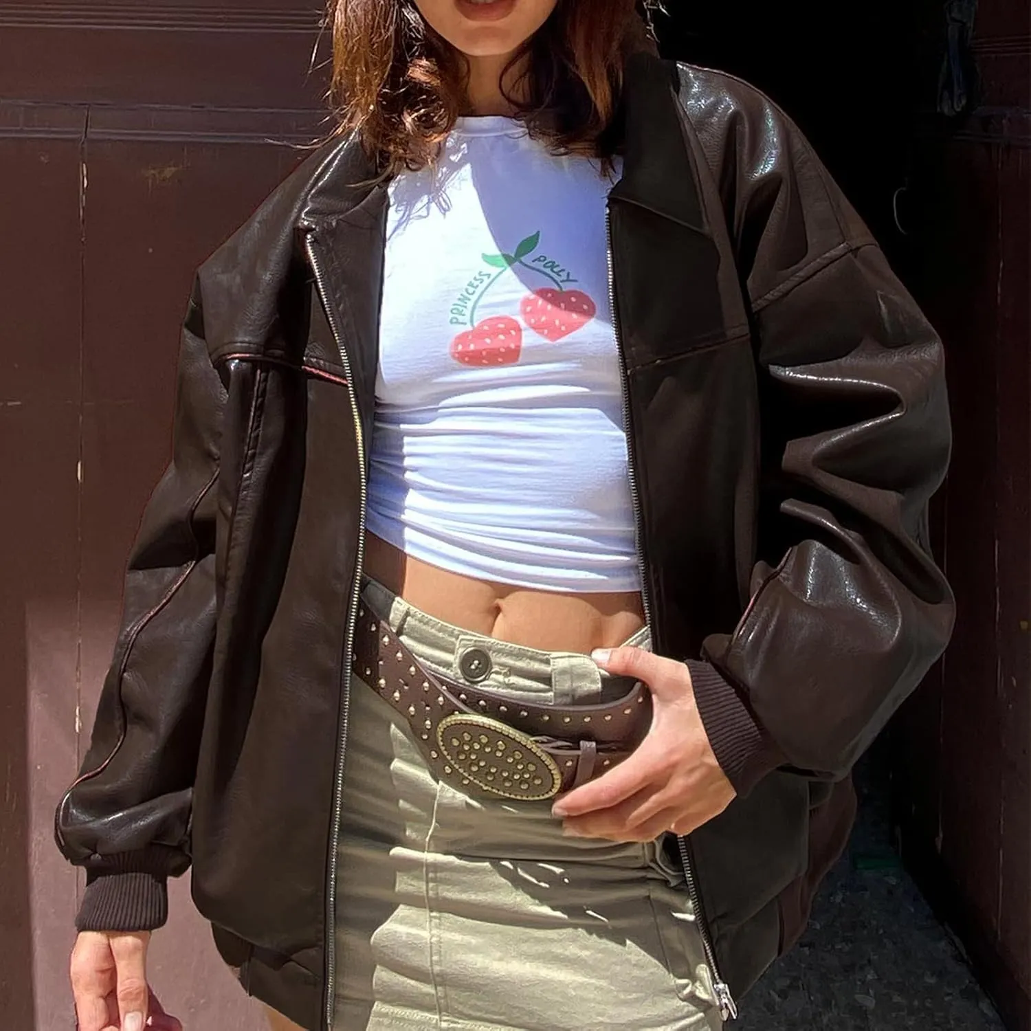 Owl's-Yard Women Leather Biker Jacket Long Sleeves Zip Up Motorcycle Jacket PU Moto Varsity Bomber Jackets Streetwear