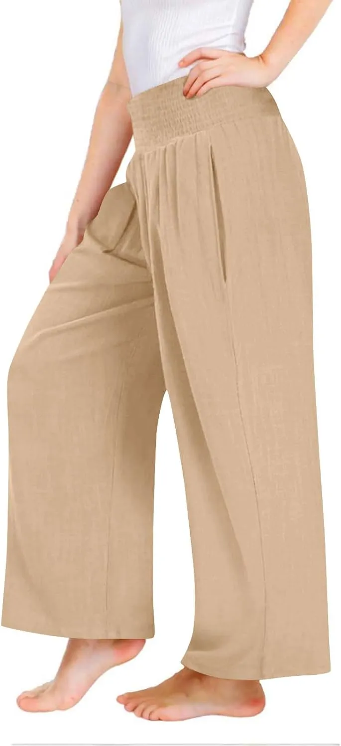 Palazzo Pants for Girls Summer Casual Linen Smocked High Waist Wide Leg Trousers Travel Vacation Pant with Pockets