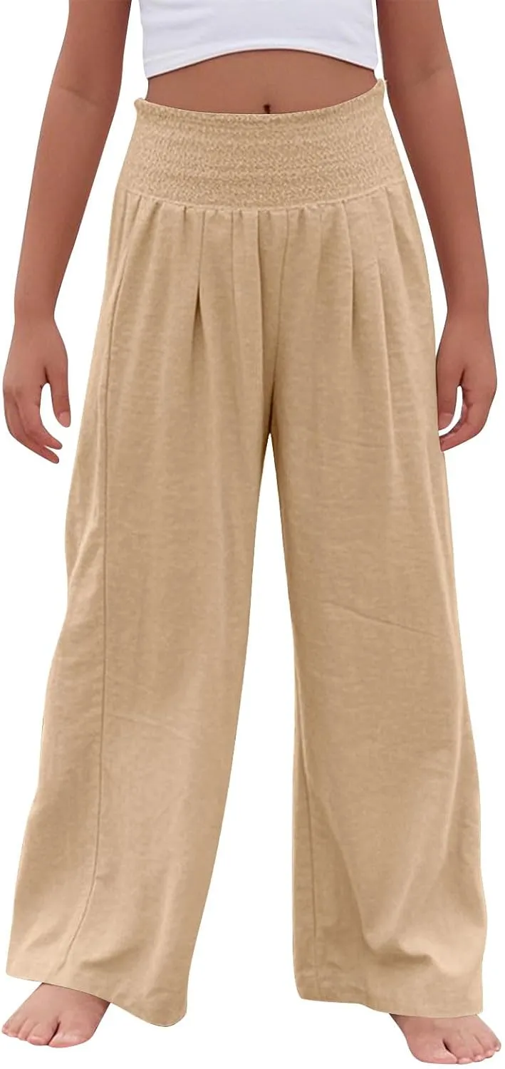 Palazzo Pants for Girls Summer Casual Linen Smocked High Waist Wide Leg Trousers Travel Vacation Pant with Pockets