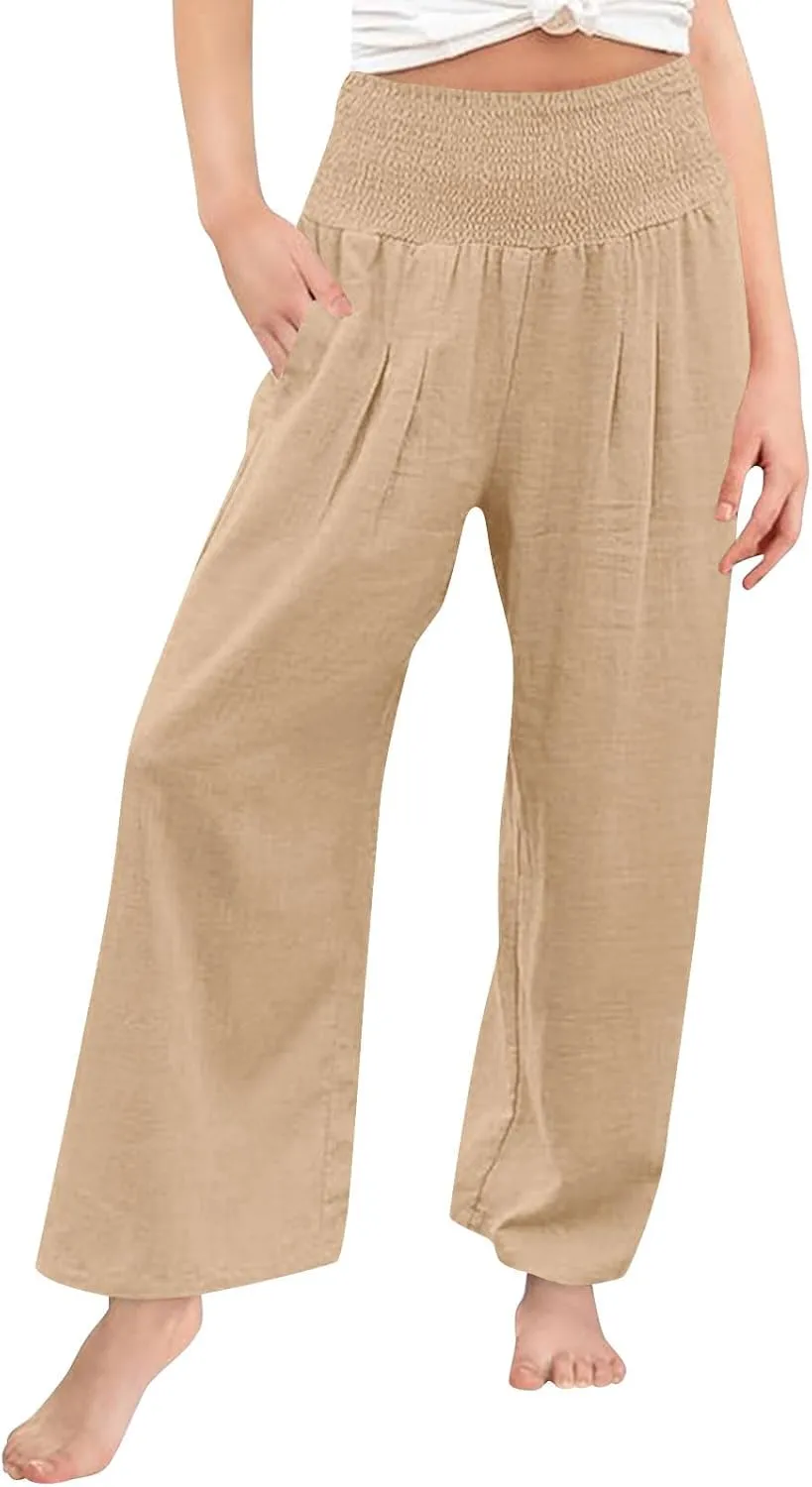 Palazzo Pants for Girls Summer Casual Linen Smocked High Waist Wide Leg Trousers Travel Vacation Pant with Pockets