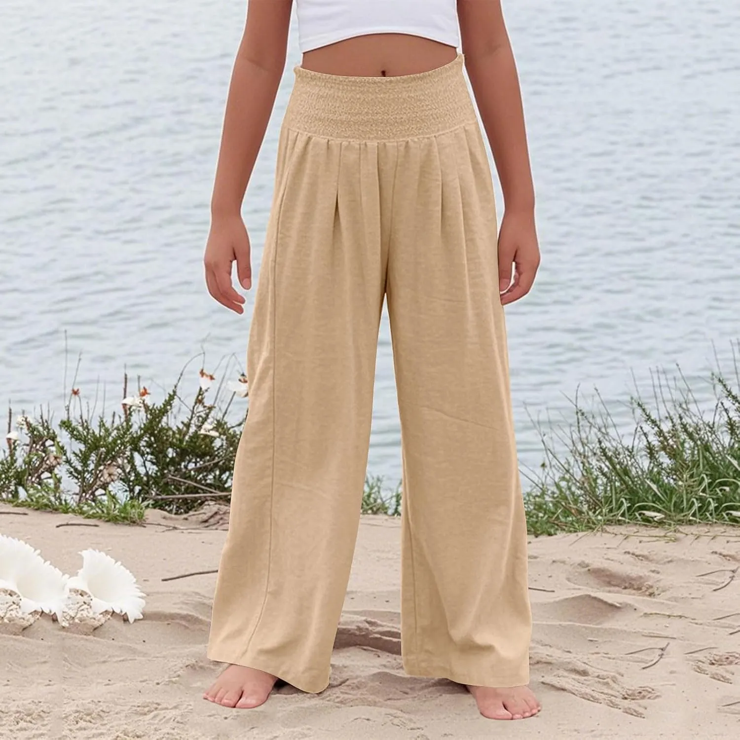 Palazzo Pants for Girls Summer Casual Linen Smocked High Waist Wide Leg Trousers Travel Vacation Pant with Pockets