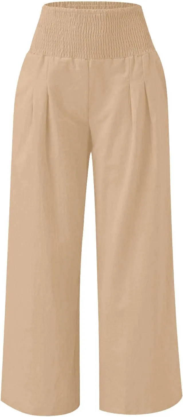 Palazzo Pants for Girls Summer Casual Linen Smocked High Waist Wide Leg Trousers Travel Vacation Pant with Pockets