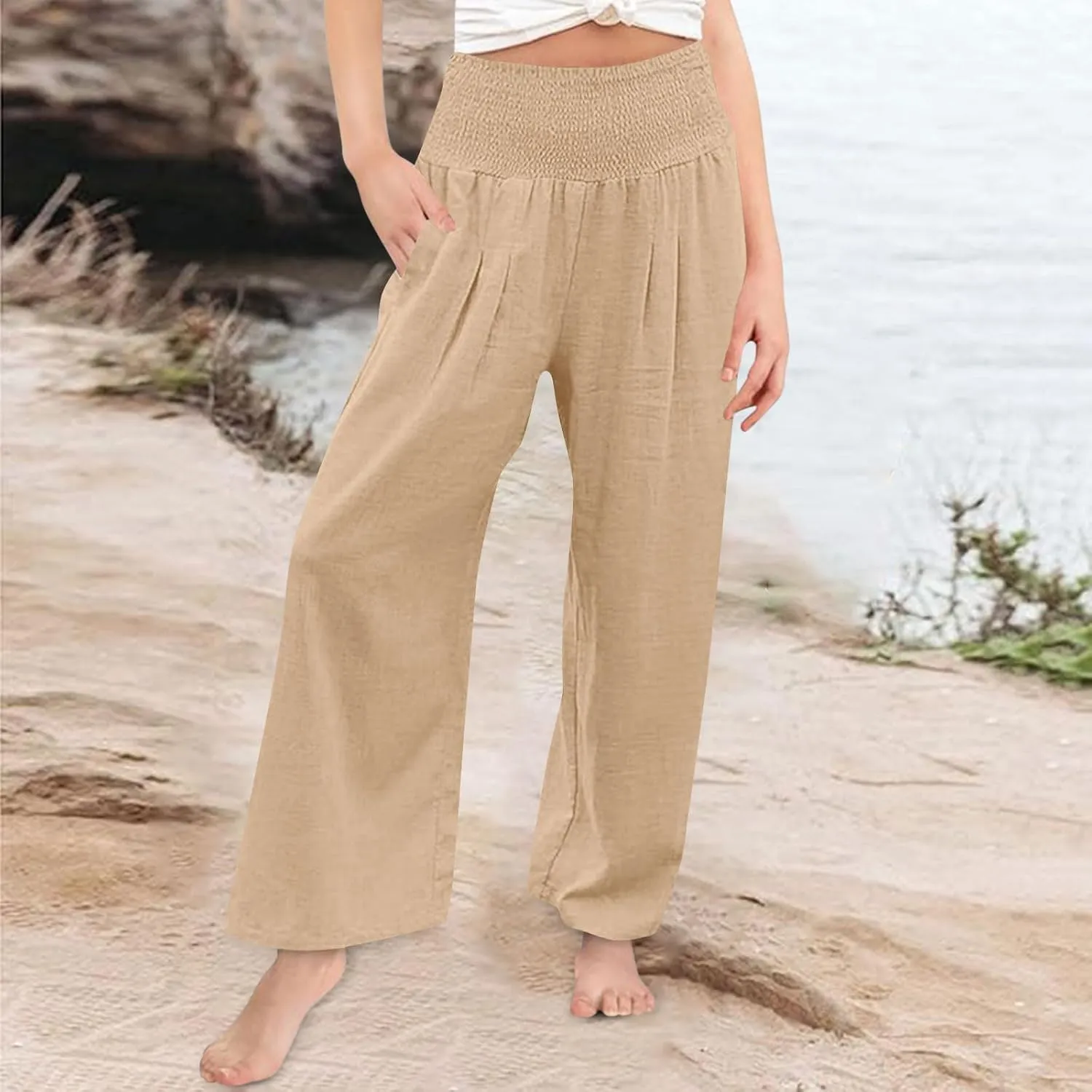 Palazzo Pants for Girls Summer Casual Linen Smocked High Waist Wide Leg Trousers Travel Vacation Pant with Pockets