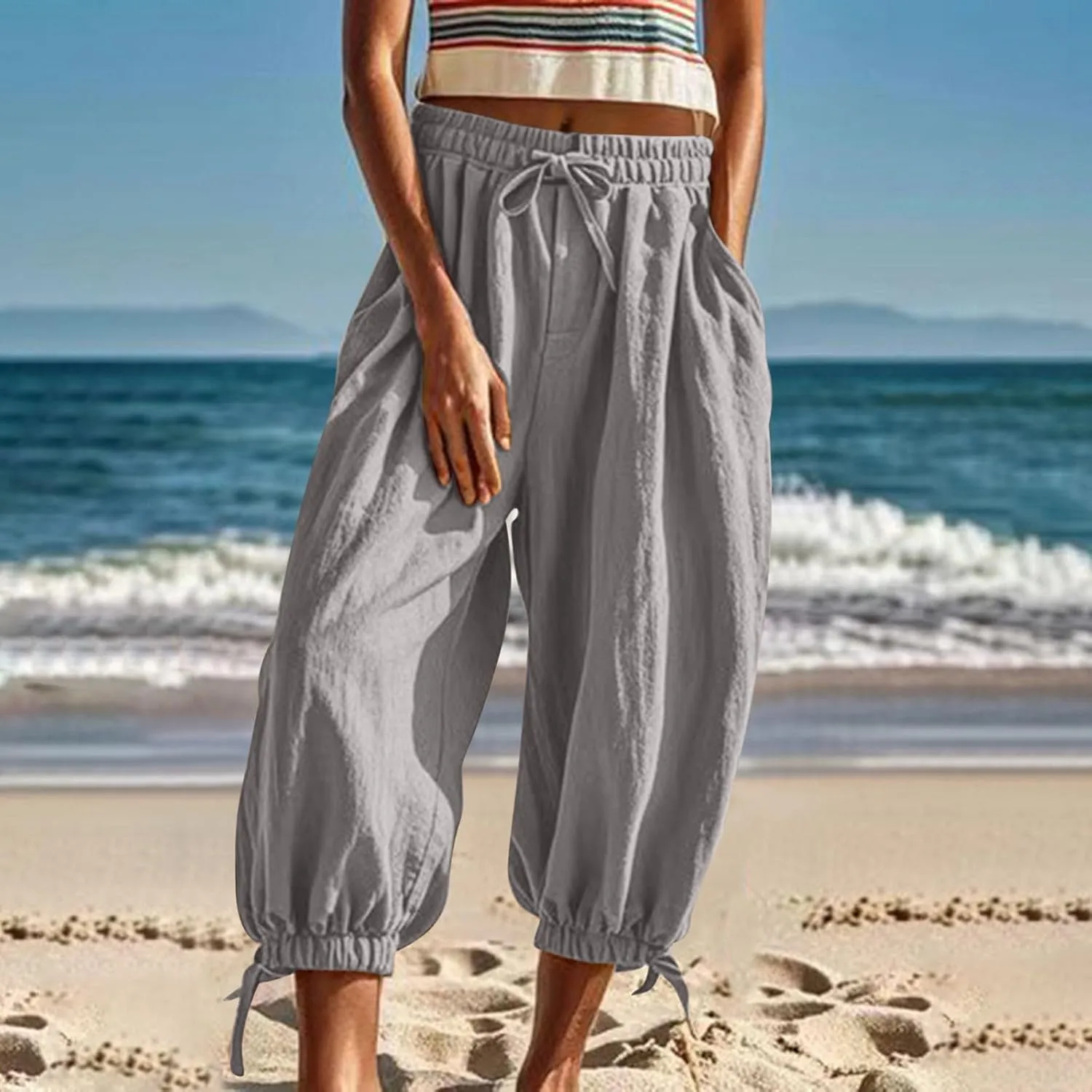 Palazzo Pants for Women Dressy Casual High Waist Drawstring Wide Leg Pants Plus Size Summer Beach Cropped Trousers 2025