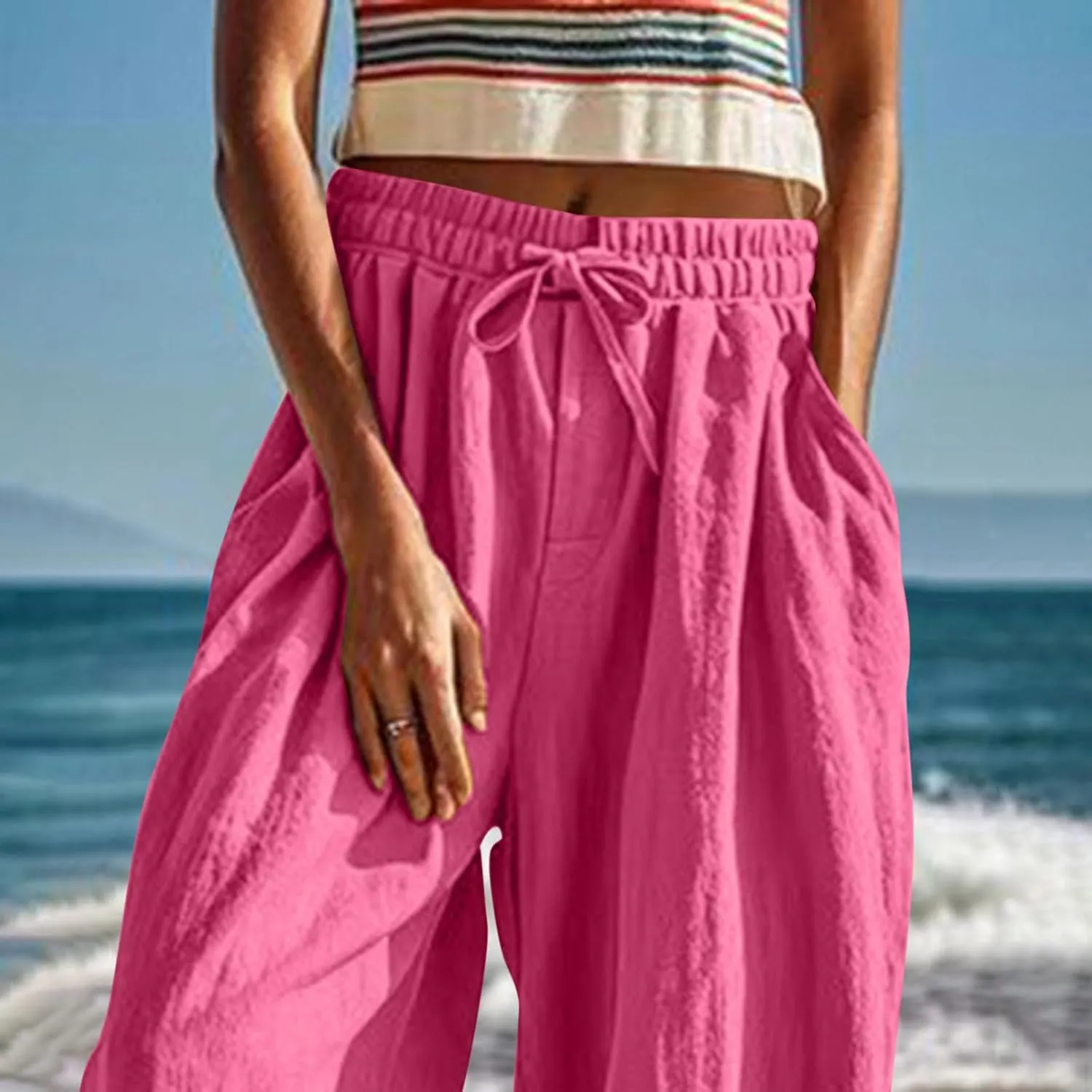 Palazzo Pants for Women Dressy Casual High Waist Drawstring Wide Leg Pants Plus Size Summer Beach Cropped Trousers 2025