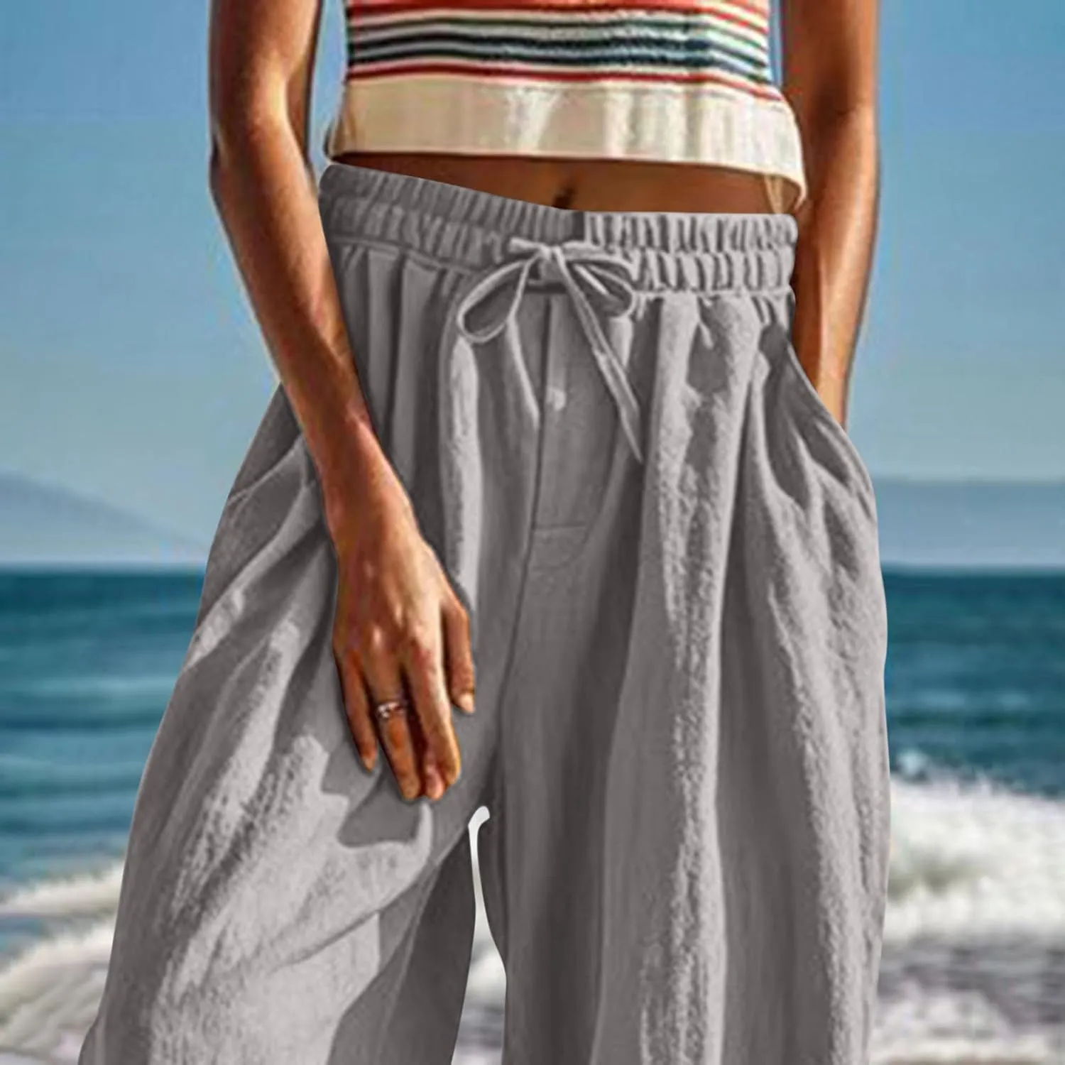 Palazzo Pants for Women Dressy Casual High Waist Drawstring Wide Leg Pants Plus Size Summer Beach Cropped Trousers 2025