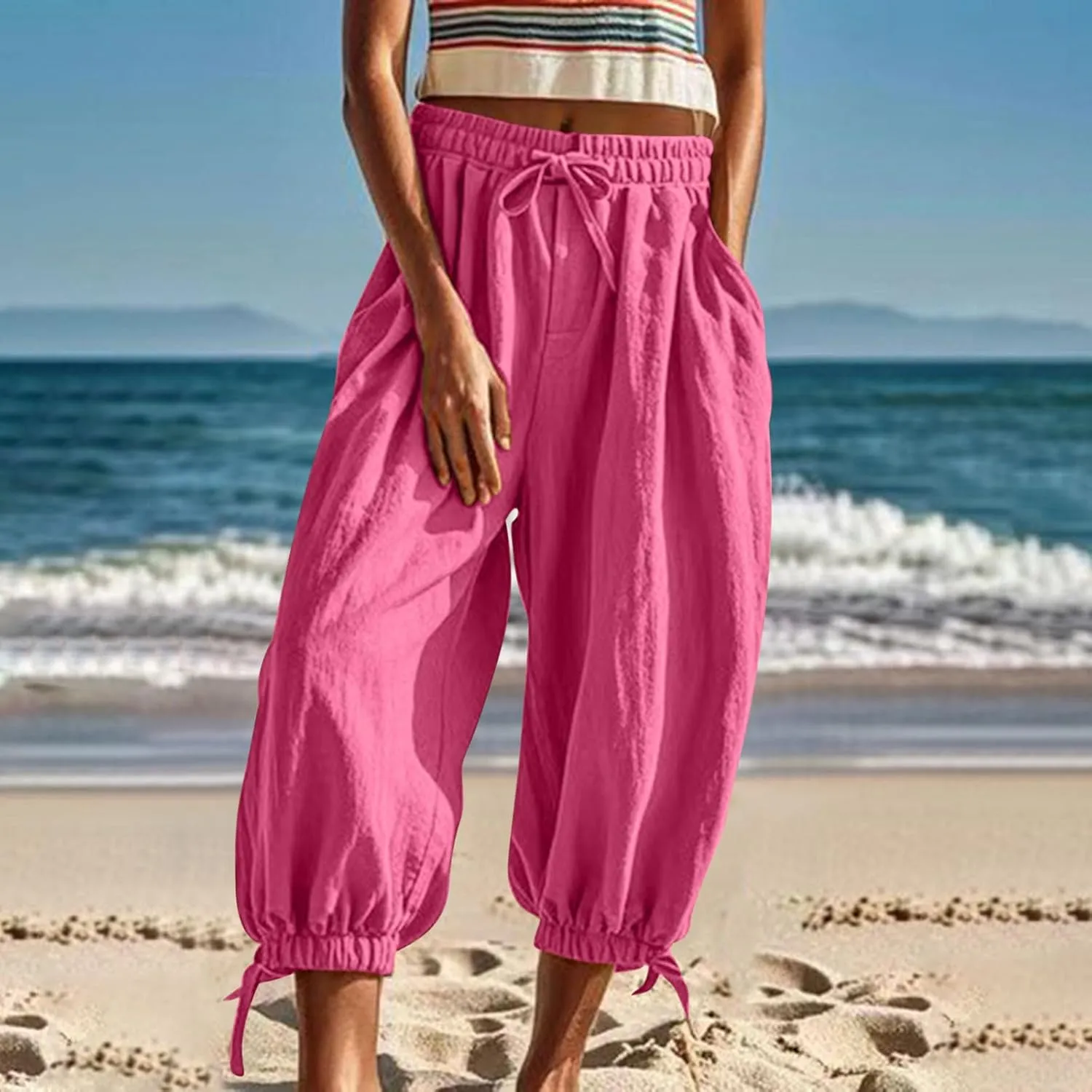 Palazzo Pants for Women Dressy Casual High Waist Drawstring Wide Leg Pants Plus Size Summer Beach Cropped Trousers 2025