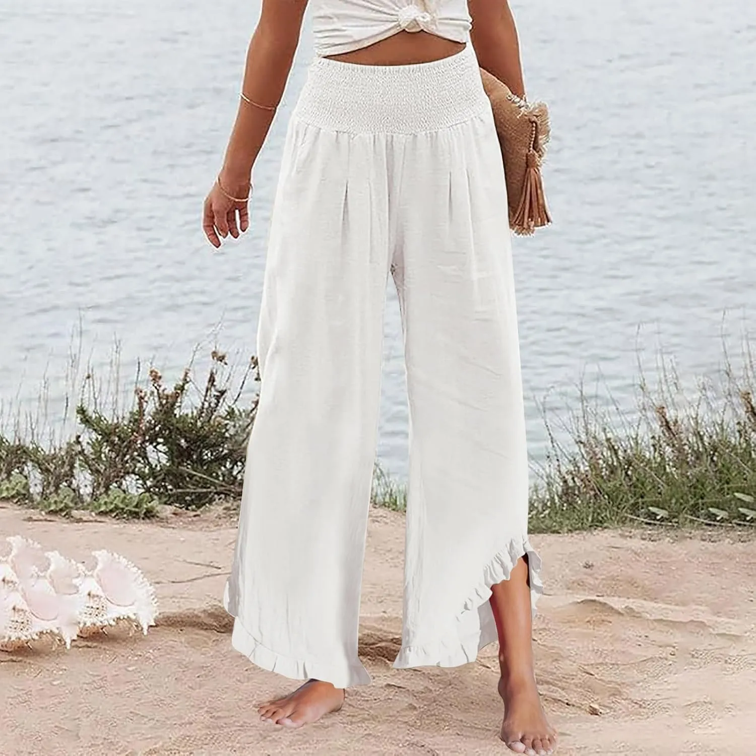 Palazzo Pants for Women Linen Elastic Waist Summer Wide Leg Pants with Pockets Smocked Loose Casual Vacation Outfits