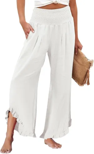 Palazzo Pants for Women Linen Elastic Waist Summer Wide Leg Pants with Pockets Smocked Loose Casual Vacation Outfits