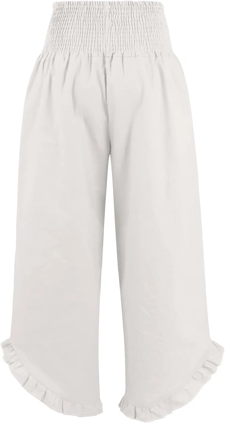 Palazzo Pants for Women Linen Elastic Waist Summer Wide Leg Pants with Pockets Smocked Loose Casual Vacation Outfits