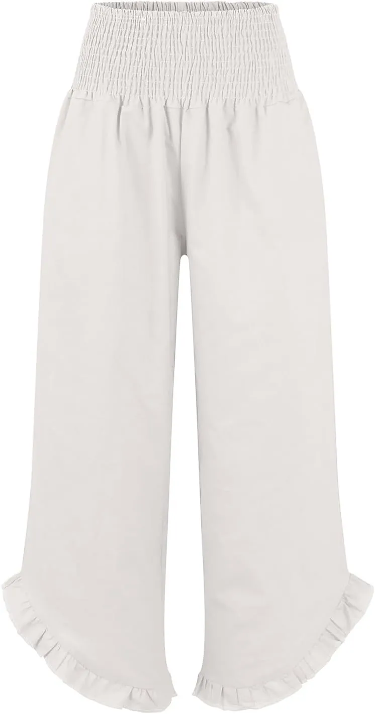 Palazzo Pants for Women Linen Elastic Waist Summer Wide Leg Pants with Pockets Smocked Loose Casual Vacation Outfits