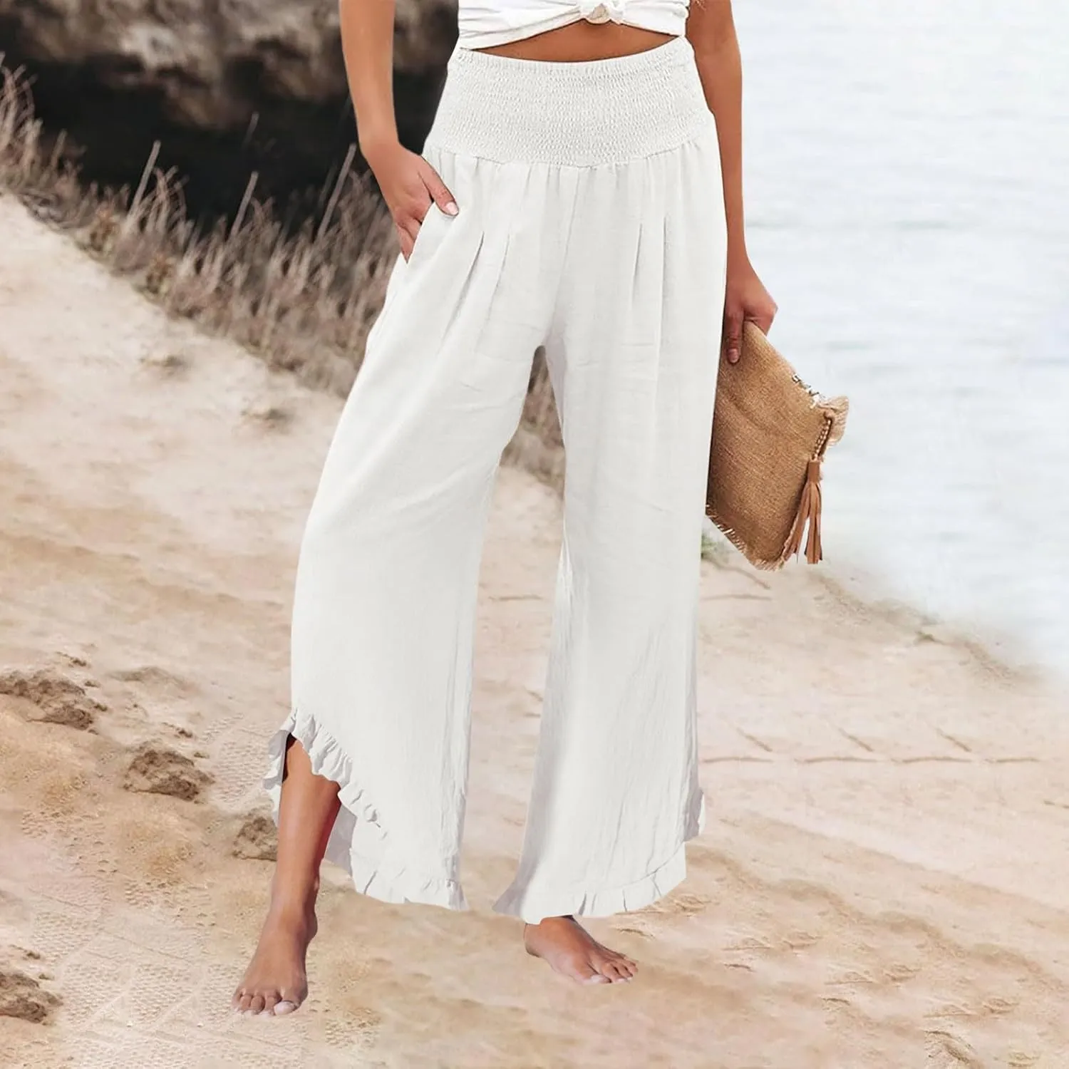 Palazzo Pants for Women Linen Elastic Waist Summer Wide Leg Pants with Pockets Smocked Loose Casual Vacation Outfits