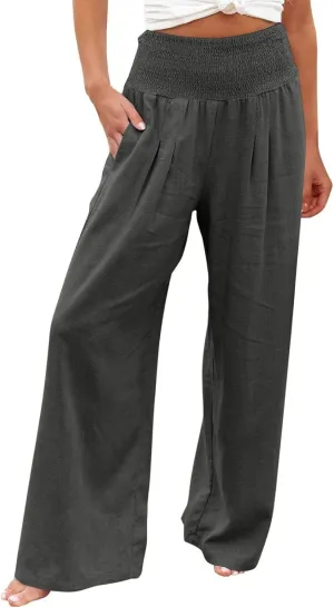 Palazzo Pants for Women Summer High Waist Wide Leg Beach Pant Trendy Casual Loose Lounge Flowy Trousers with Pockets