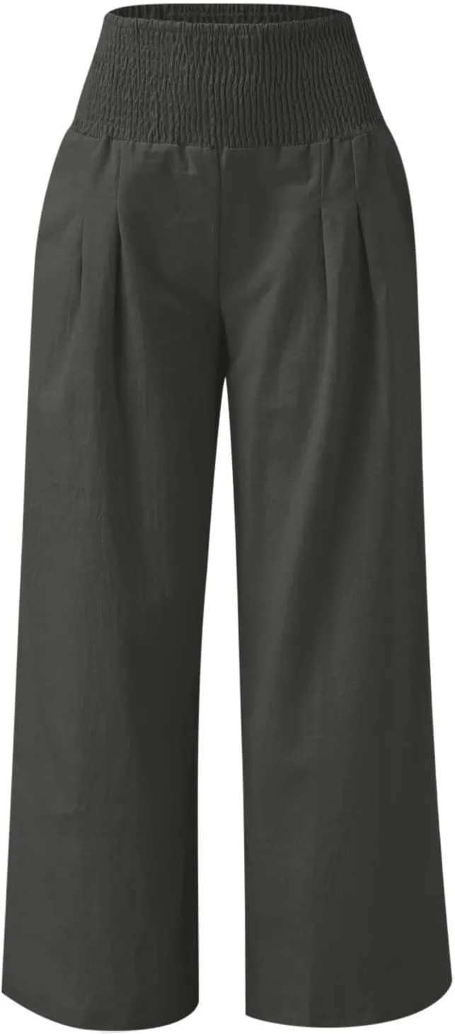 Palazzo Pants for Women Summer High Waist Wide Leg Beach Pant Trendy Casual Loose Lounge Flowy Trousers with Pockets