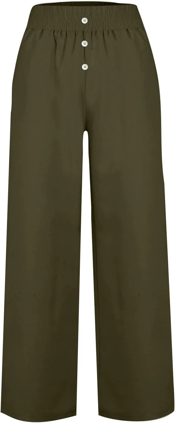 Pants for Women Summer Flowy Solid Color Elastic Waist Trousers with Pockets Button Wide Leg High Waist Casual Pant