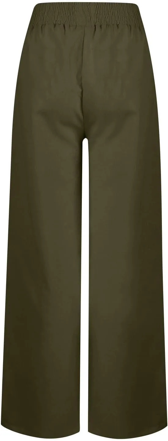 Pants for Women Summer Flowy Solid Color Elastic Waist Trousers with Pockets Button Wide Leg High Waist Casual Pant