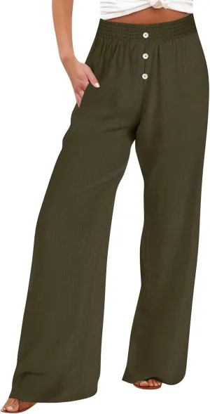 Pants for Women Summer Flowy Solid Color Elastic Waist Trousers with Pockets Button Wide Leg High Waist Casual Pant