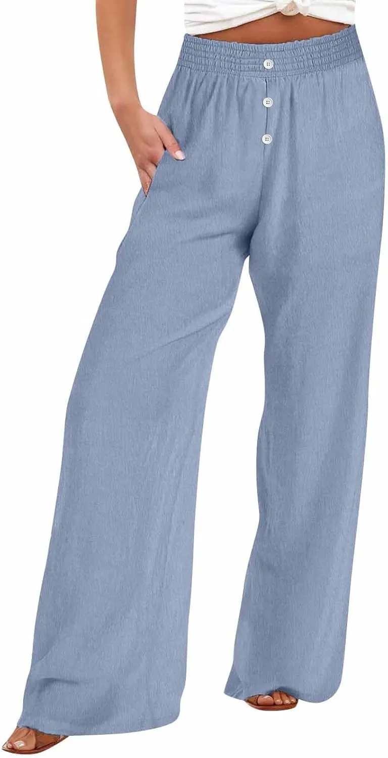 Pants for Women Summer Flowy Solid Color Elastic Waist Trousers with Pockets Button Wide Leg High Waist Casual Pant