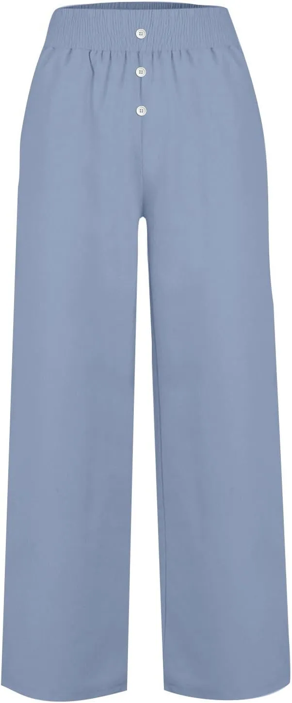 Pants for Women Summer Flowy Solid Color Elastic Waist Trousers with Pockets Button Wide Leg High Waist Casual Pant