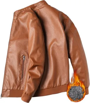 PEGENO Men's Stand Collar Leather Jacket Lightweight Faux Leather Motorcycle Jacket