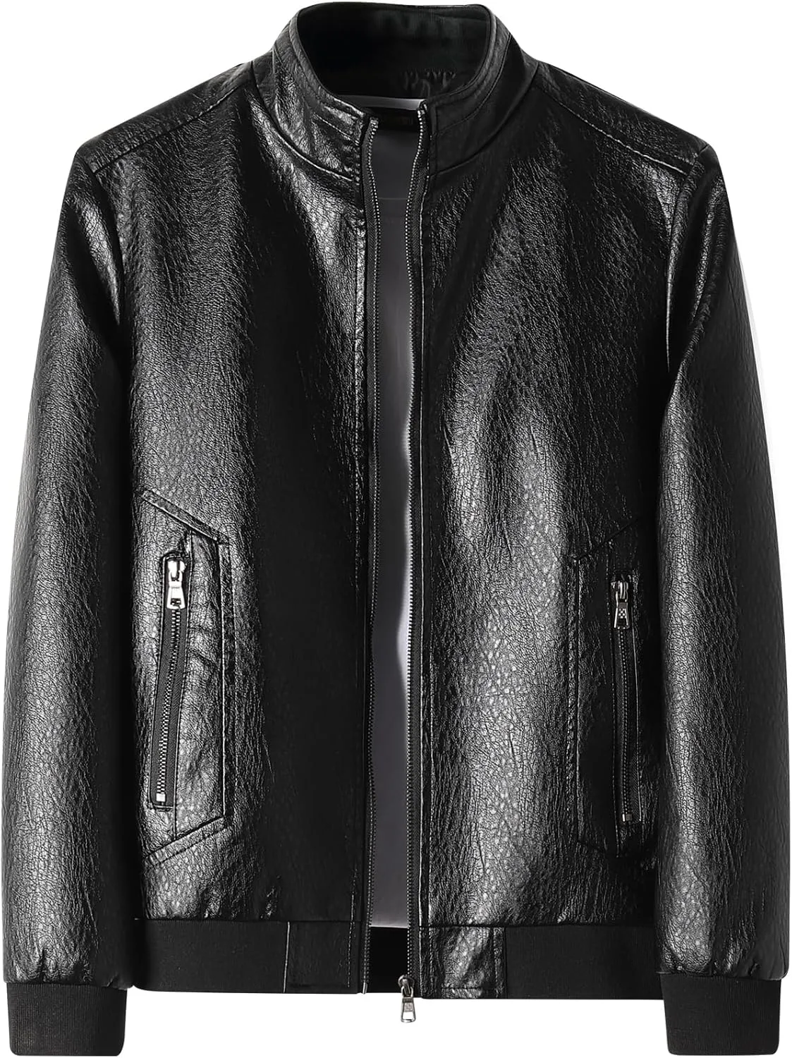 PEGENO Men's Stand Collar Leather Jacket Lightweight Faux Leather Motorcycle Jacket