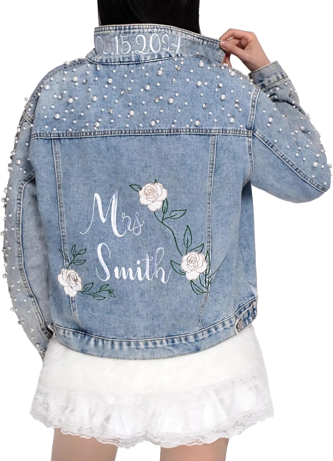 Personalized Embroidered Womens Jean Jackets Custom Bride Denim Jacket Wedding Anniversary Birthday Party Coat