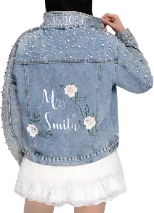 Personalized Embroidered Womens Jean Jackets Custom Bride Denim Jacket Wedding Anniversary Birthday Party Coat