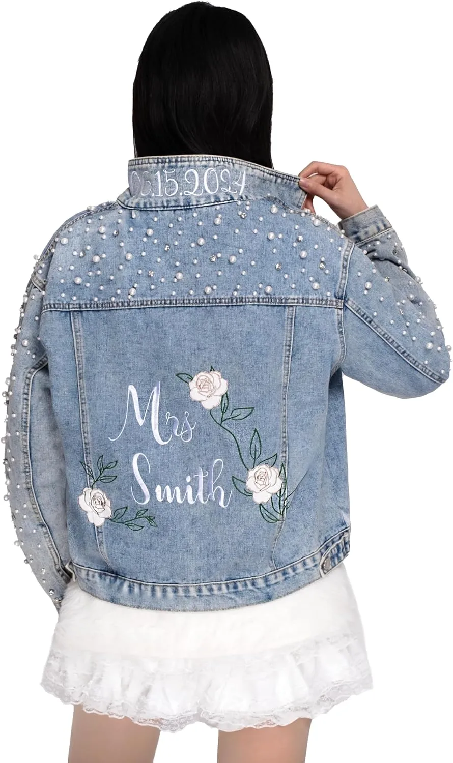 Personalized Embroidered Womens Jean Jackets Custom Bride Denim Jacket Wedding Anniversary Birthday Party Coat